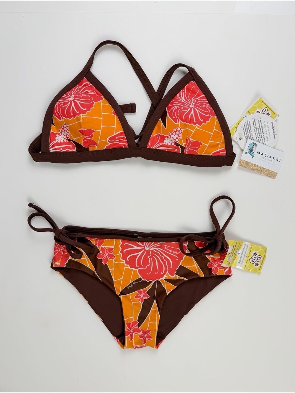 Honey Girl Reversible Tropical Floral Triangle Bikini Set Orange Brown XL NWT